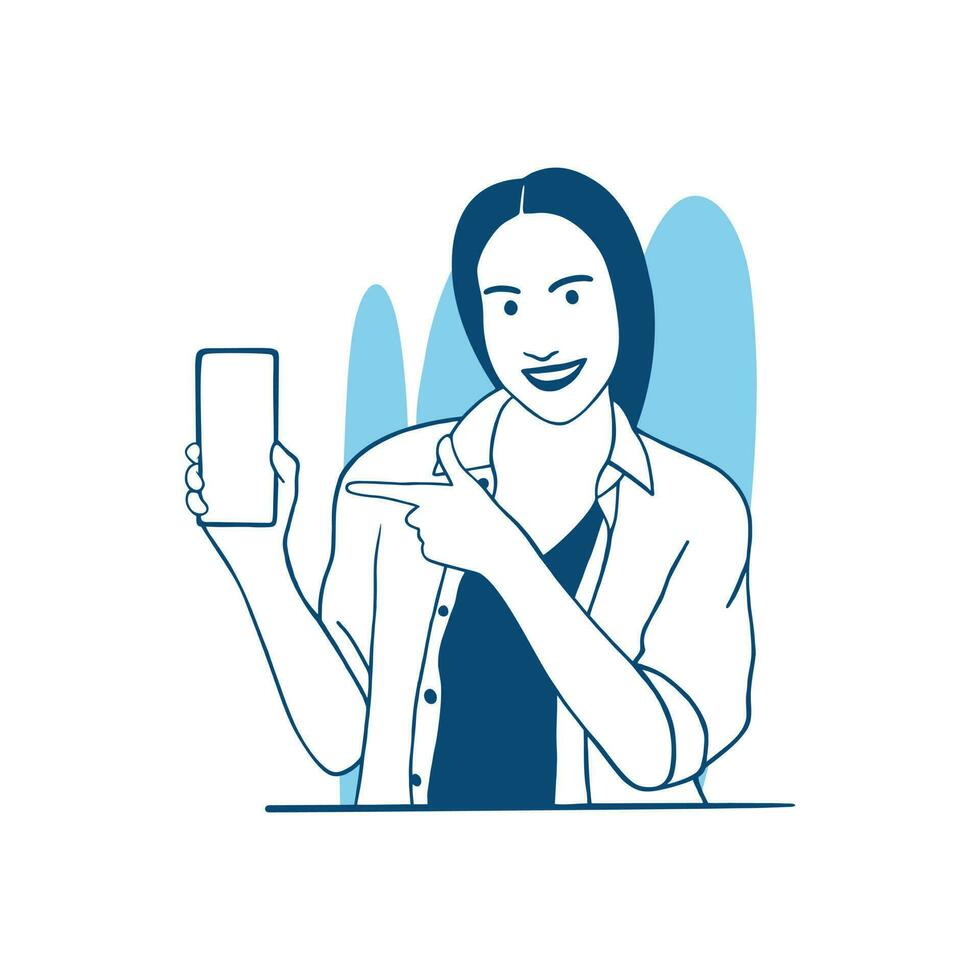 vector illustration a beautiful smiling girl showing smartphone display