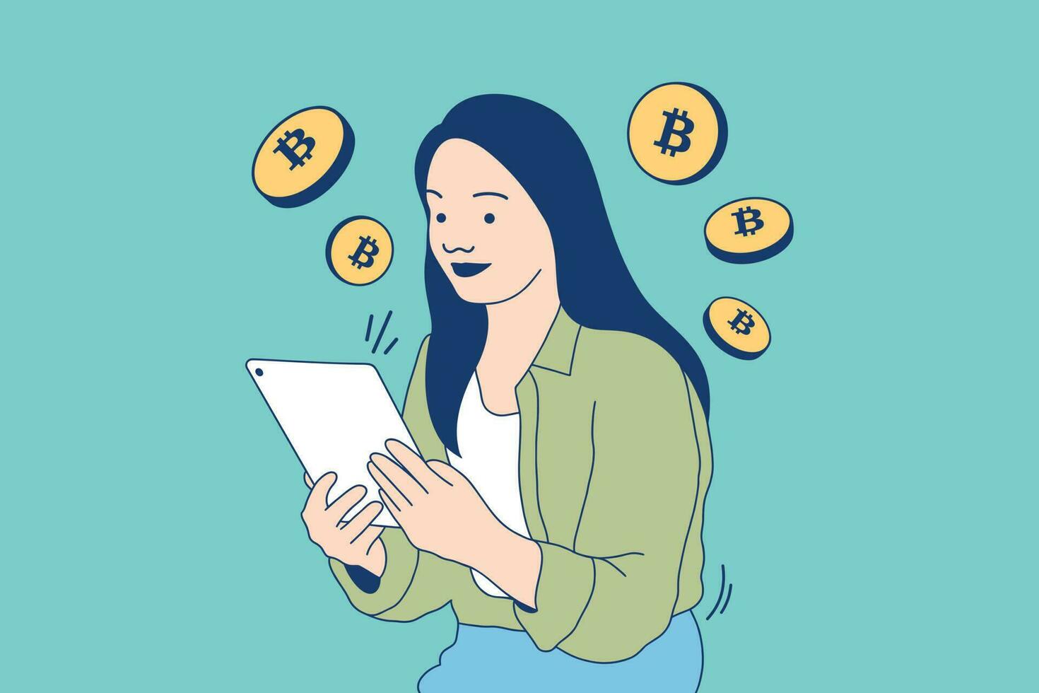 Illustrations of Beautiful Young woman checking tablet for trading cryptocurrency vector