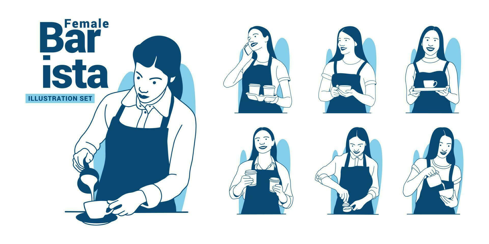 Female Barista Illustration Set. Coffee business concept. vector