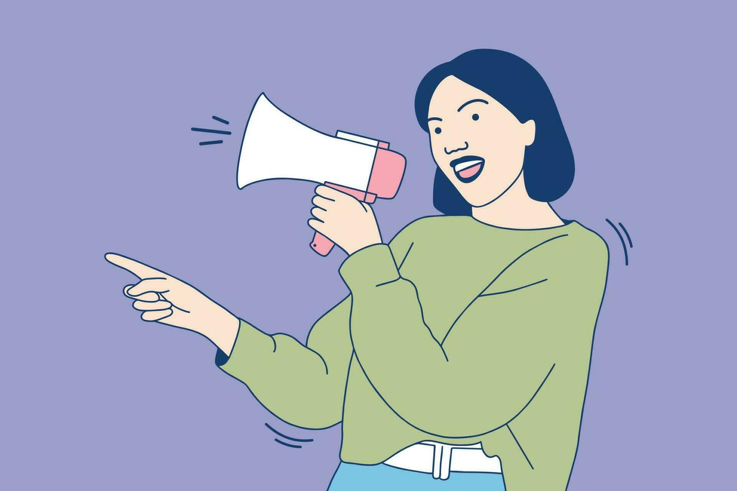 Illustrations Beautiful young woman shouting into megaphone making announcement vector