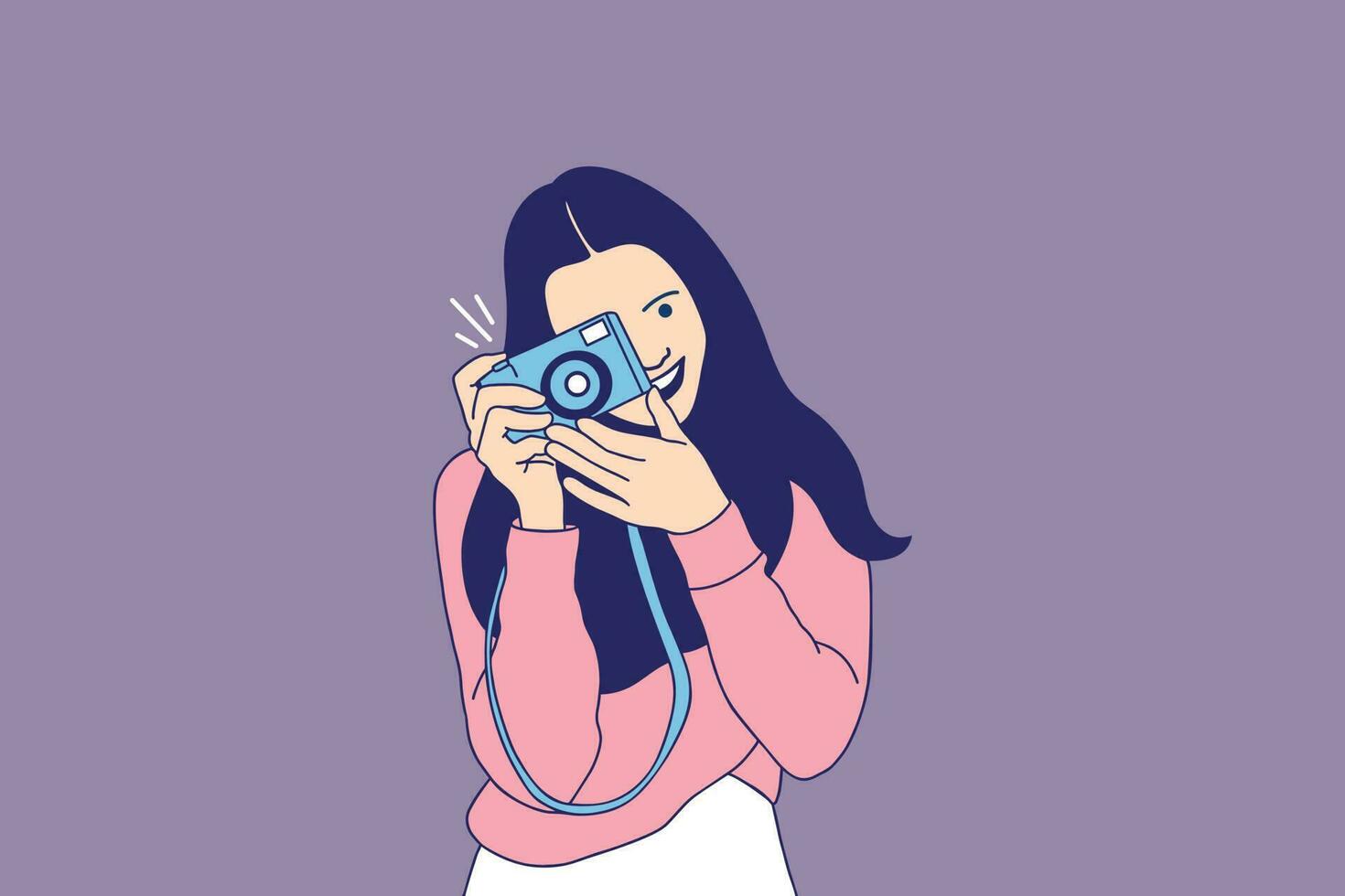 Illustrations beautiful smiling woman taking photos on camera vector