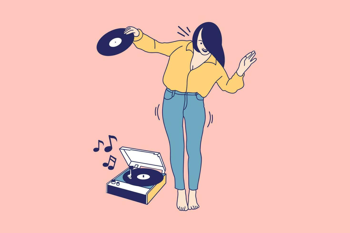 Illustrations of Beautiful Woman dance to music on record player and holding vinyl vector