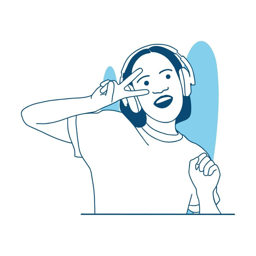 ilustración vectorial de estilo plano hermosa niña feliz escucha música en los auriculares disfruta de la música vector