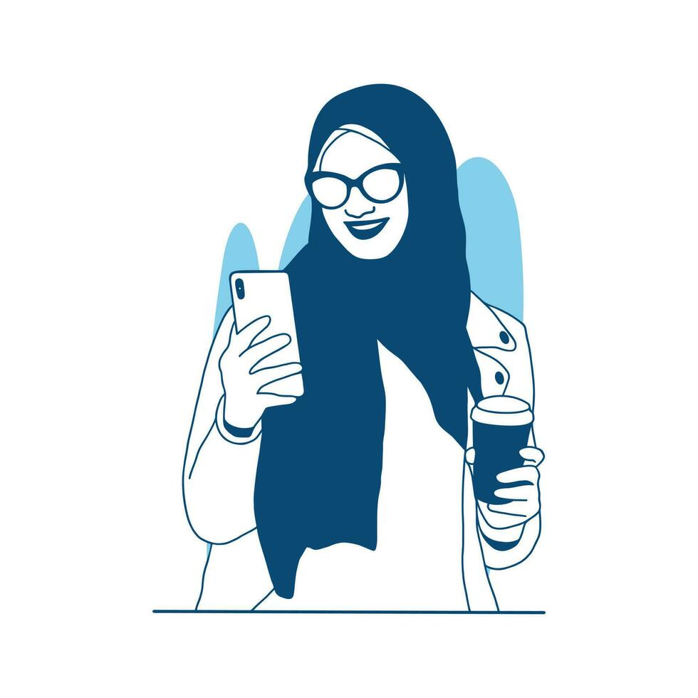 flat style vector illustration Cute muslim girl wear hijab uses a phone holding coffee