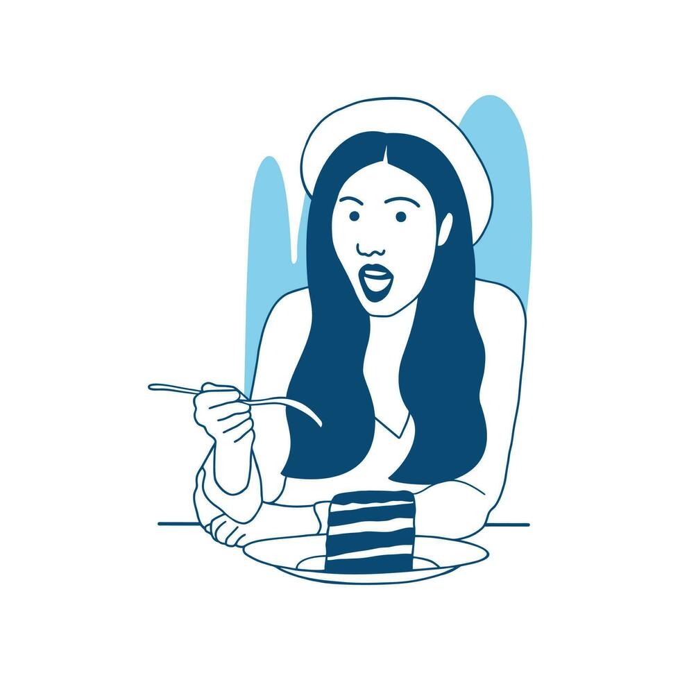 flat style vector illustration beautiful girl with hat eating chocolate cake and dessert