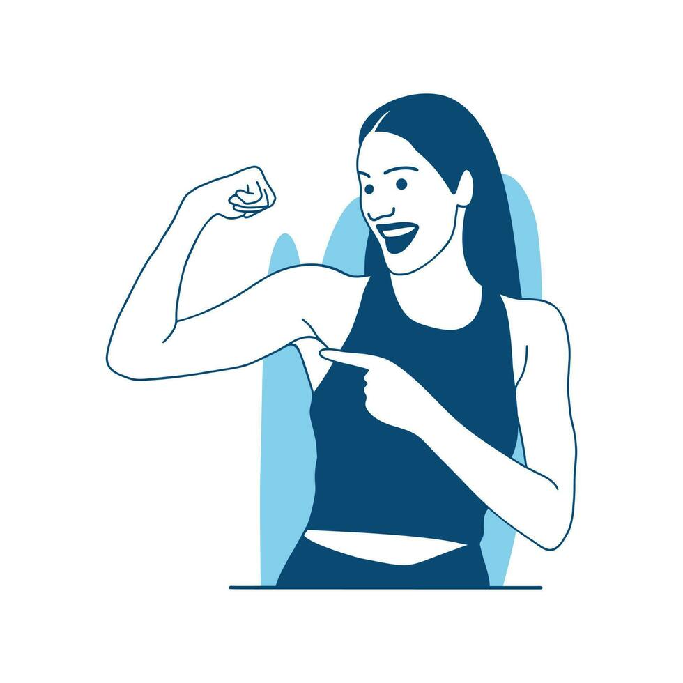 flat style vector illustration a beautiful Girl showing muscles after workout