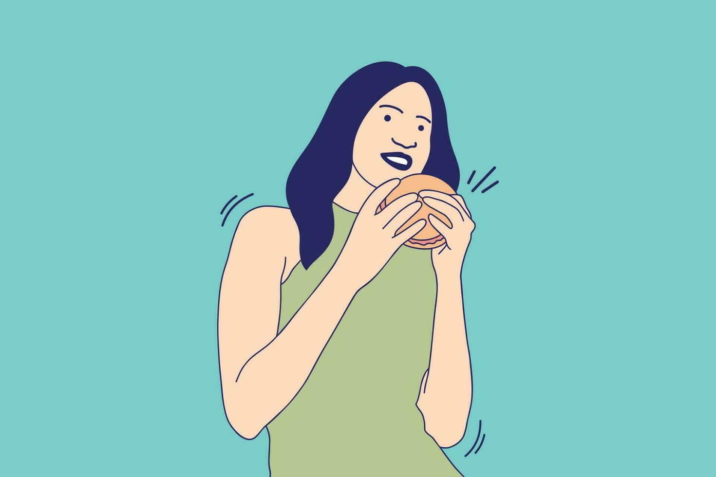 ilustraciones hermosa joven feliz comiendo hamburguesa con queso vector