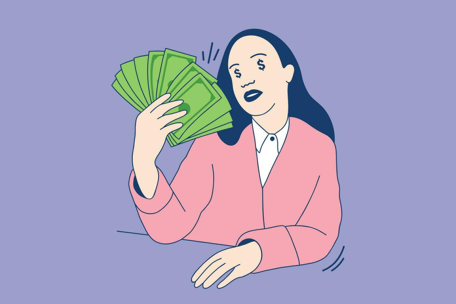 ilustraciones de una hermosa joven emocionada con los ingresos de los billetes de dinero vector