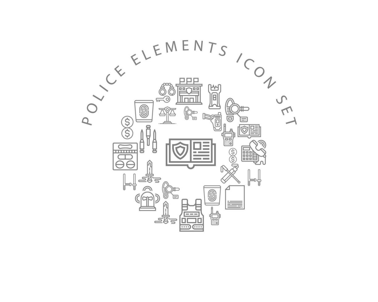 diseño de conjunto de iconos de elementos policiales sobre fondo blanco vector