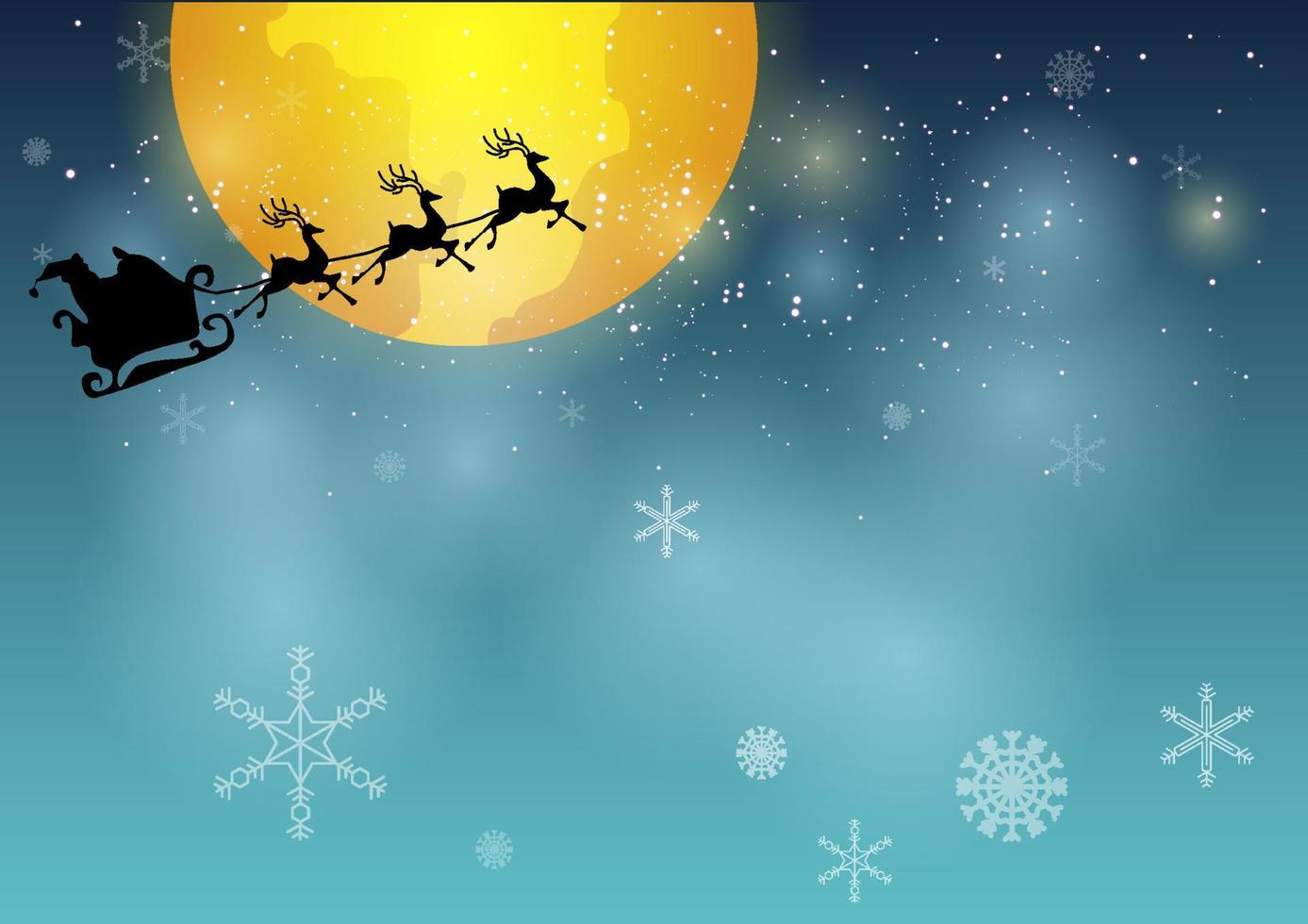 Christmas illustration with snow, village, trees and santa cruz riding deer, giving gifts through big yellow moon, made from vector. vector