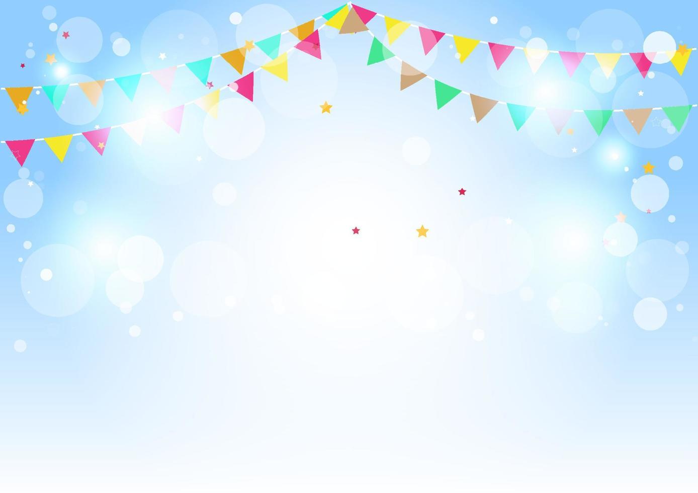 Blue background and multicolored flags with white bokeh for Christmas and New Year. vector