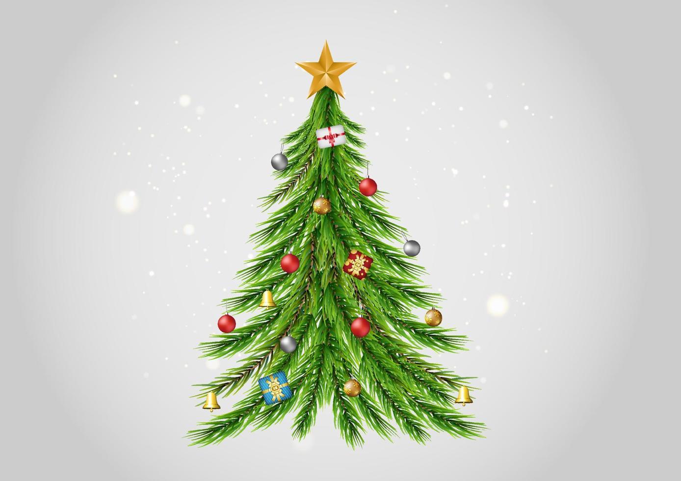 Green christmas tree decorated with balls and gift boxes, vector illustration