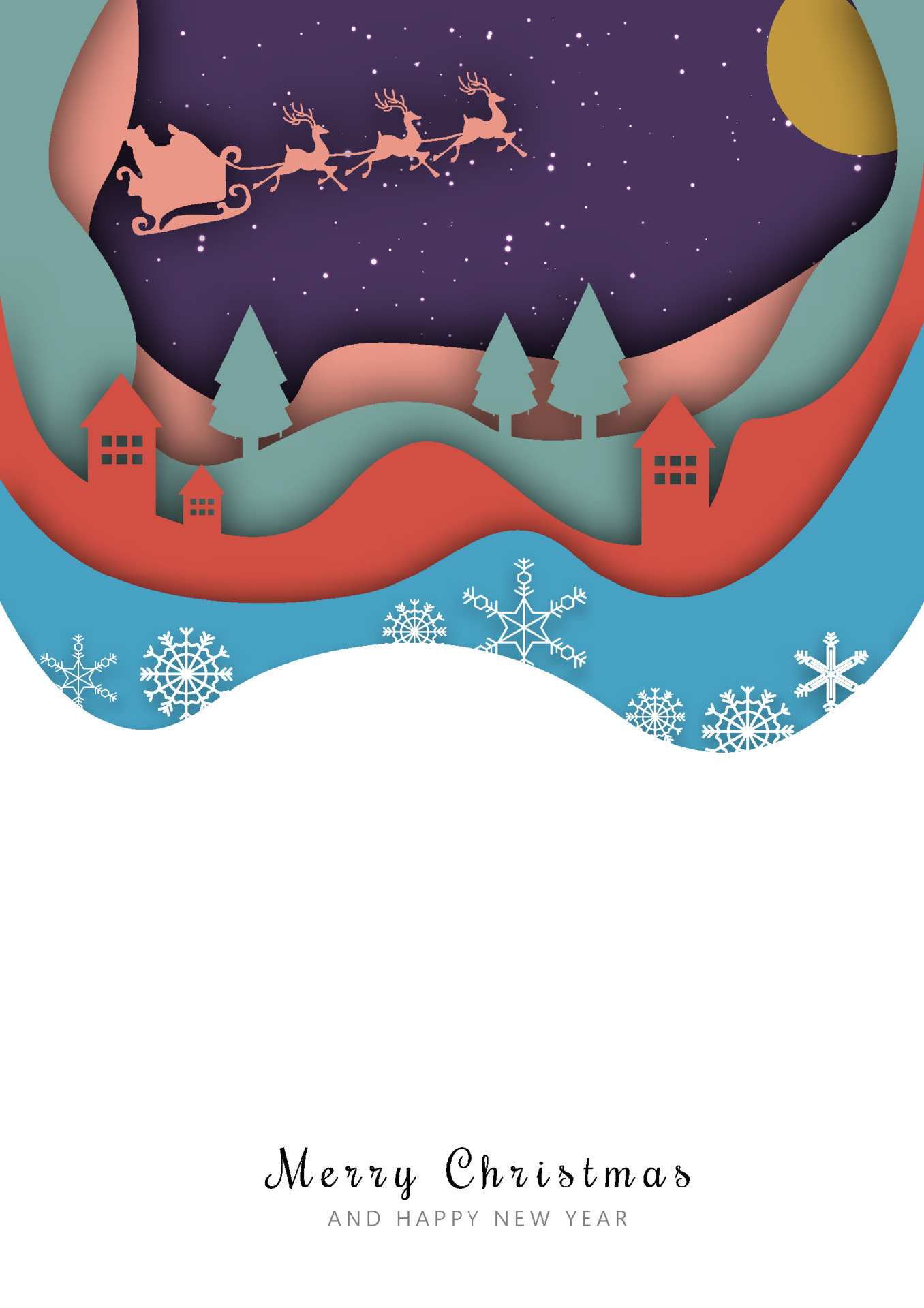 Christmas illustration with snow, village, tree, moon, yellow, big moon made of vector with paper cut technique. 10742630 Vector Art at Vecteezy