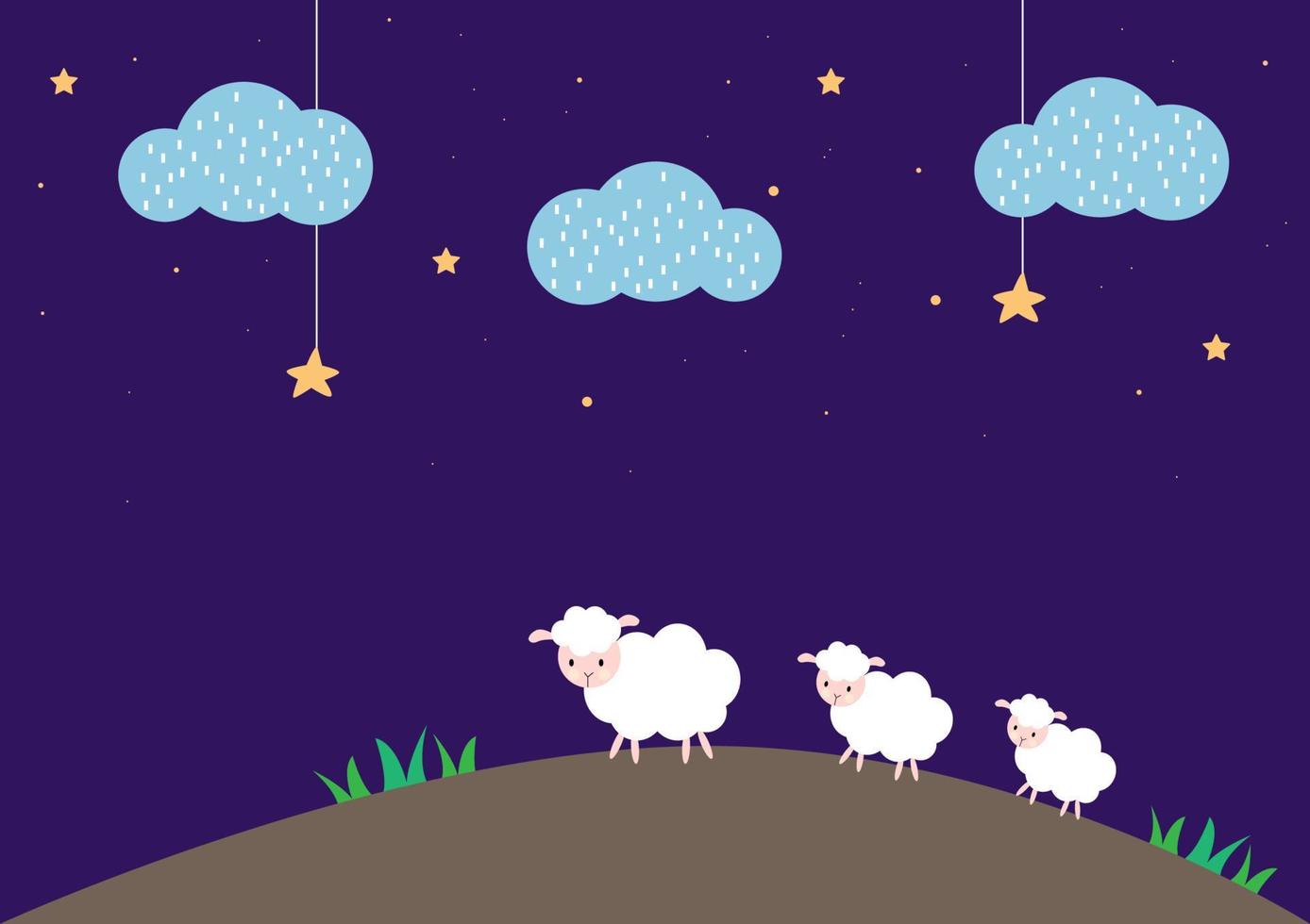 Three sheep walking on a hill at night, made of vector. vector