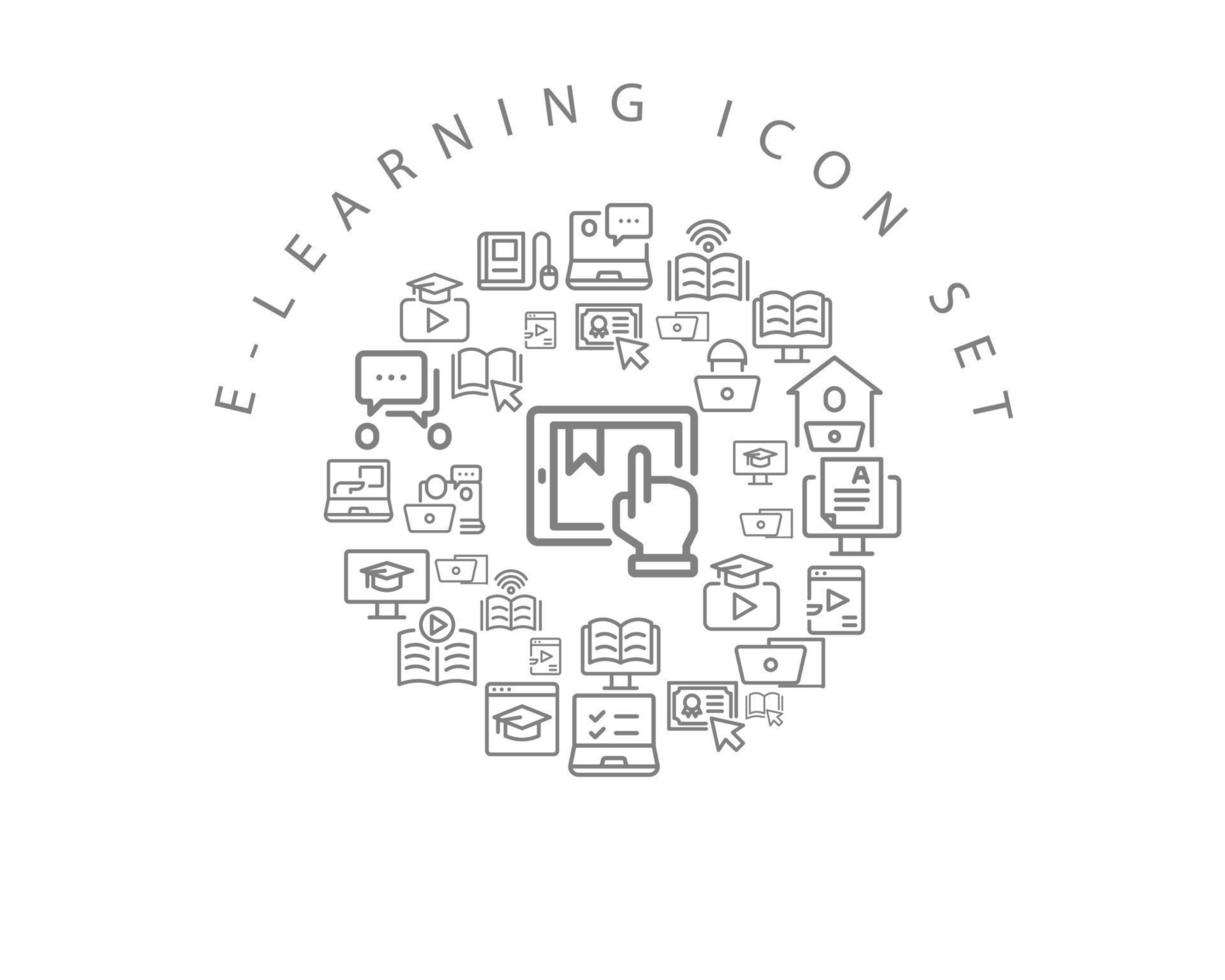 diseño de conjunto de iconos de e-learning sobre fondo blanco. vector