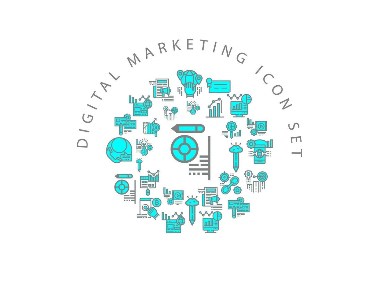 diseño de conjunto de iconos de marketing digital sobre fondo blanco vector