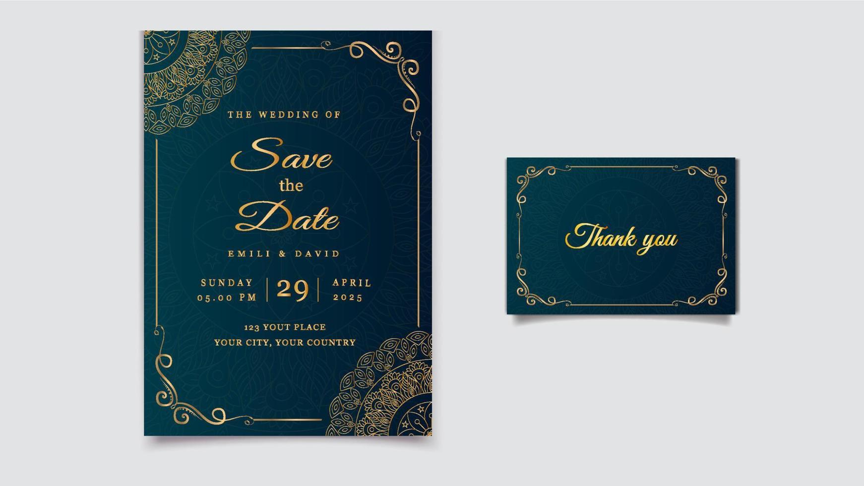 tarjetas de invitación de boda de lujo premium con oro, tarjeta de lujo de boda hindú, diseño de tarjeta de invitación de boda de lujo, tarjeta de boda ornamental en blanco y negro vector