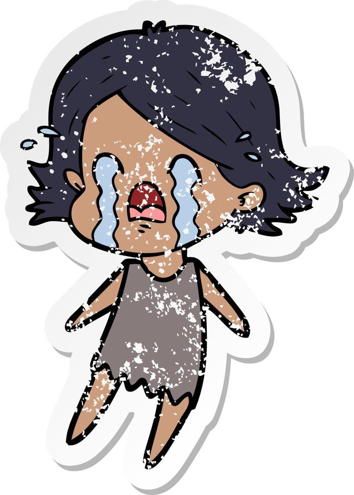 distressed sticker of a cartoon woman crying vector