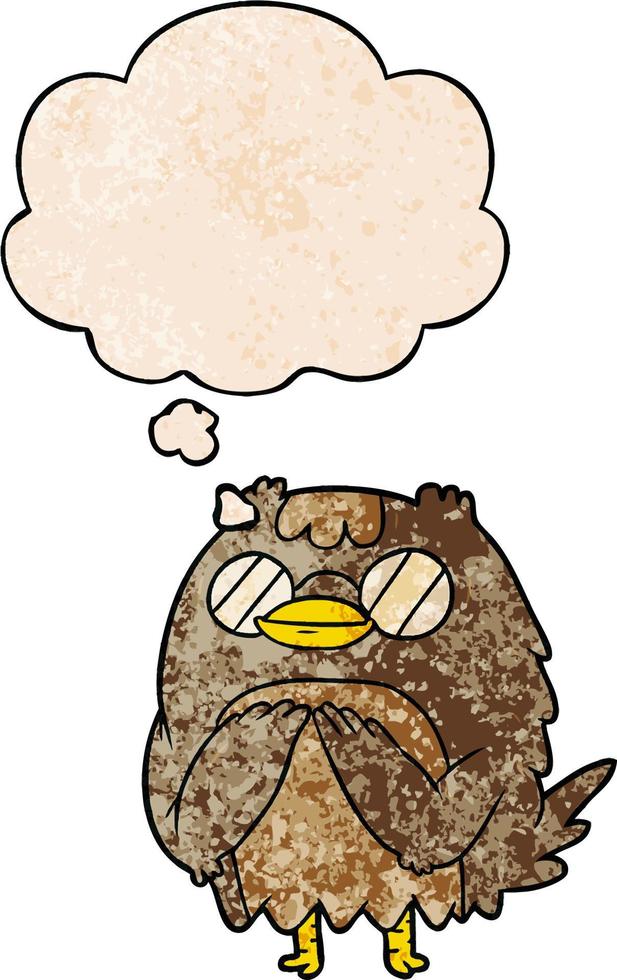 cartoon wise old owl and thought bubble in grunge texture pattern style vector