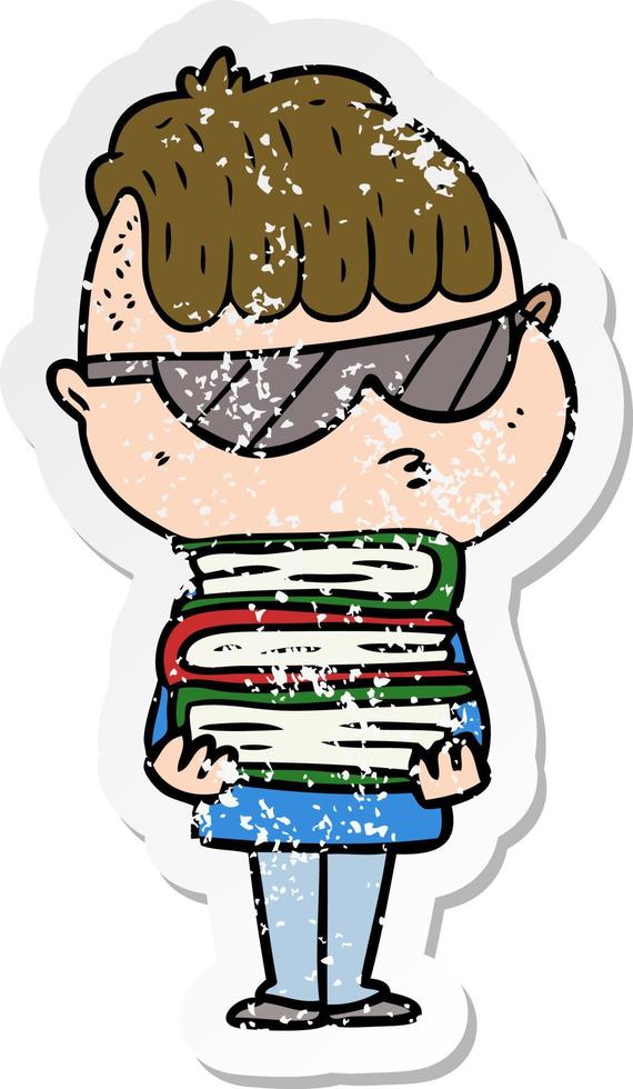 distressed sticker of a cartoon boy wearing sunglasses with stack of books vector