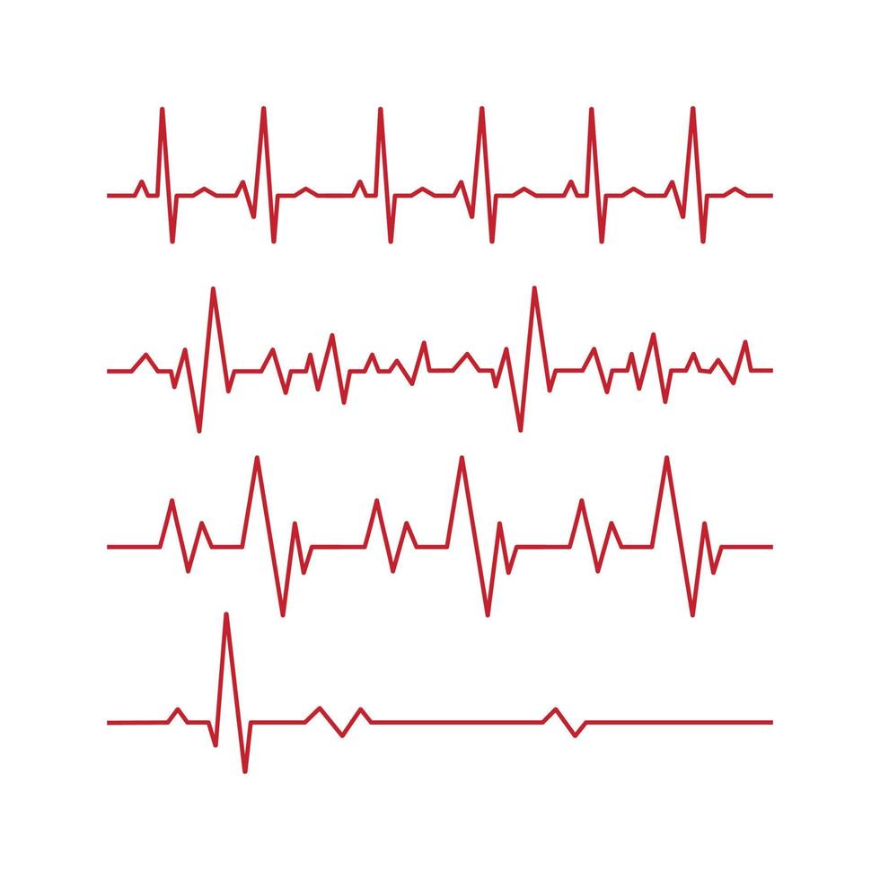 Set of 4 pcs. heart pulse - curved red line on white background - Vector