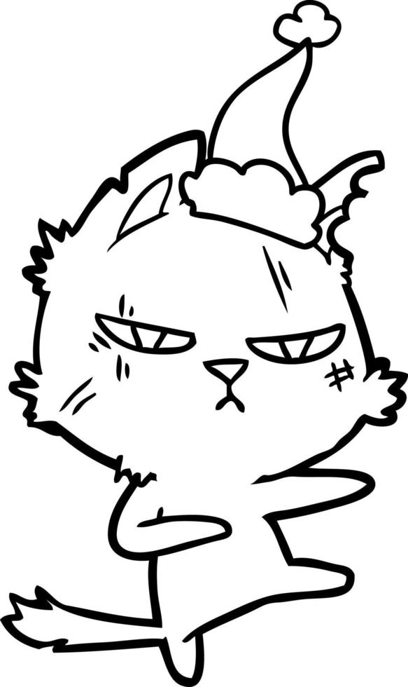 tough line drawing of a cat wearing santa hat vector