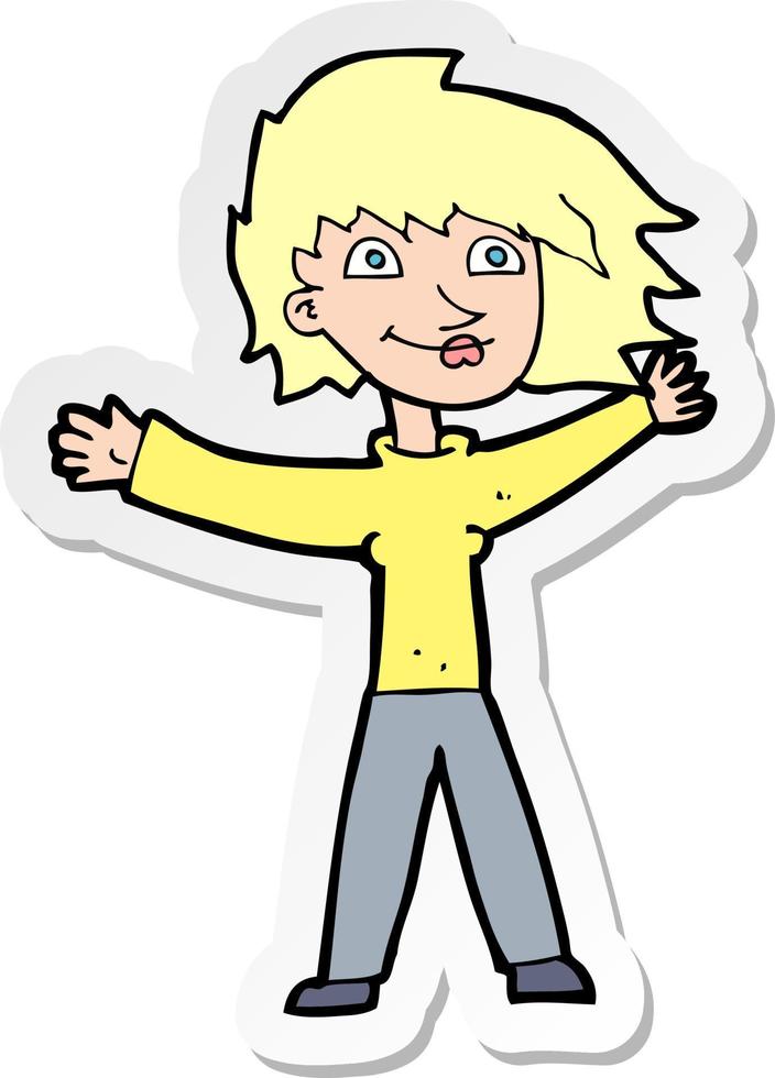 sticker of a cartoon excited woman waving vector
