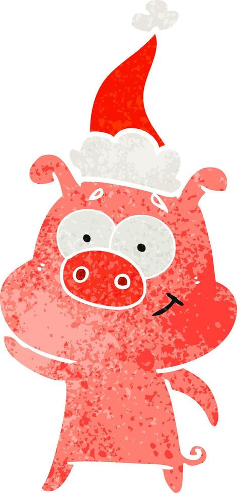 happy retro cartoon of a pig wearing santa hat vector