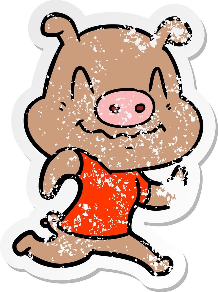 distressed sticker of a nervous cartoon pig vector