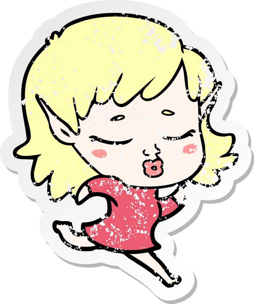 distressed sticker of a pretty cartoon elf girl running vector