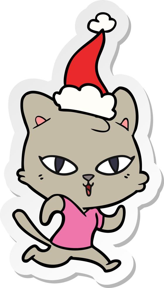 sticker cartoon of a cat out for a run wearing santa hat vector