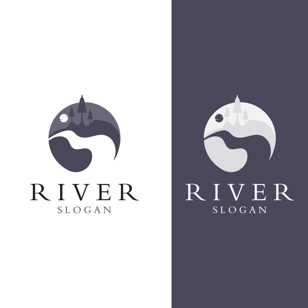 Logos of rivers, creeks, riverbanks and streams. River logo with combination of mountains and farmland with concept design vector illustration template.