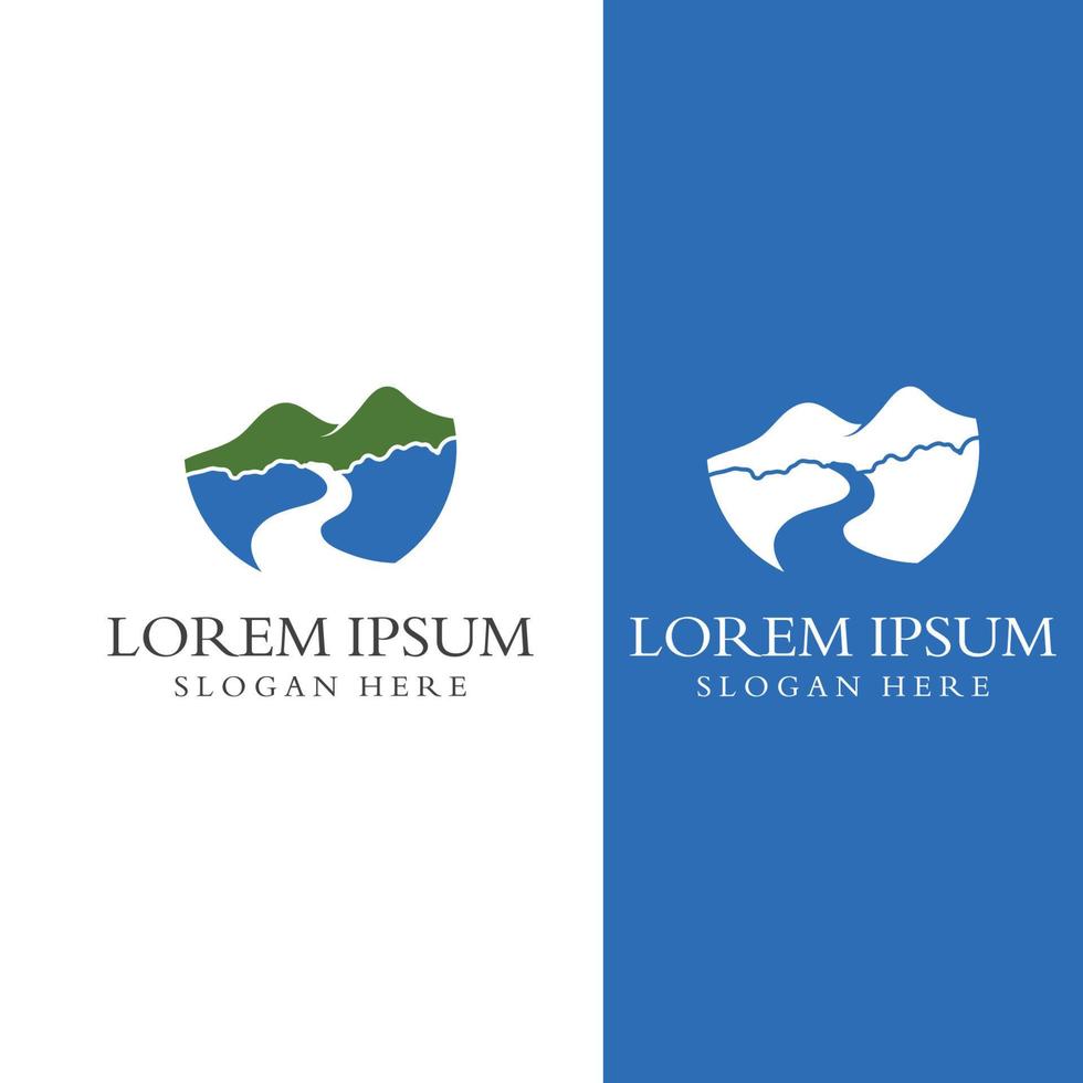 Logos of rivers, creeks, riverbanks and streams. River logo with combination of mountains and farmland with concept design vector illustration template.