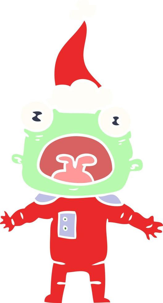 flat color illustration of a weird alien communicating wearing santa hat vector
