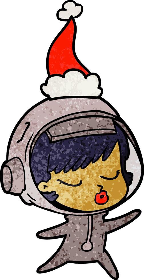 textured cartoon of a pretty astronaut girl wearing santa hat vector