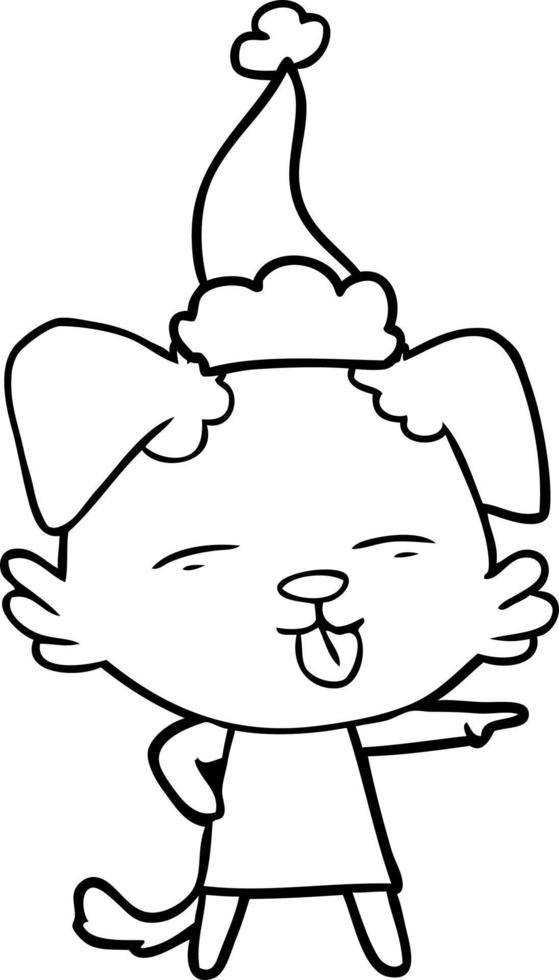 line drawing of a dog sticking out tongue wearing santa hat vector