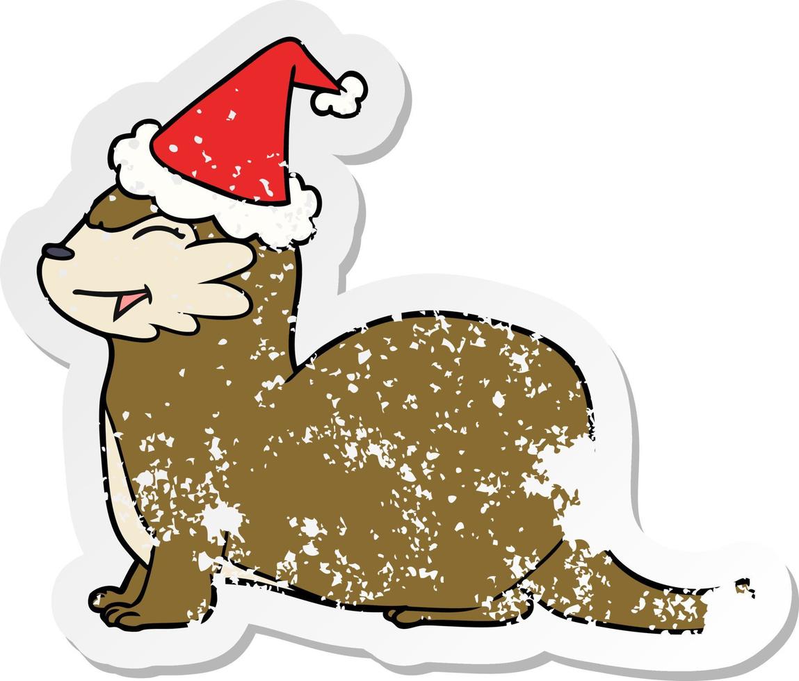 laughing otter distressed sticker cartoon of a wearing santa hat vector