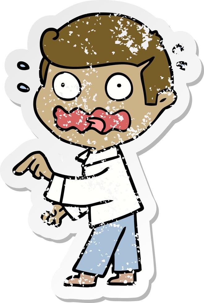 distressed sticker of a cartoon stressed out pointing vector