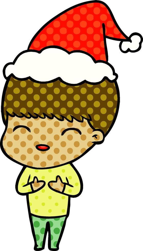 happy comic book style illustration of a boy wearing santa hat vector