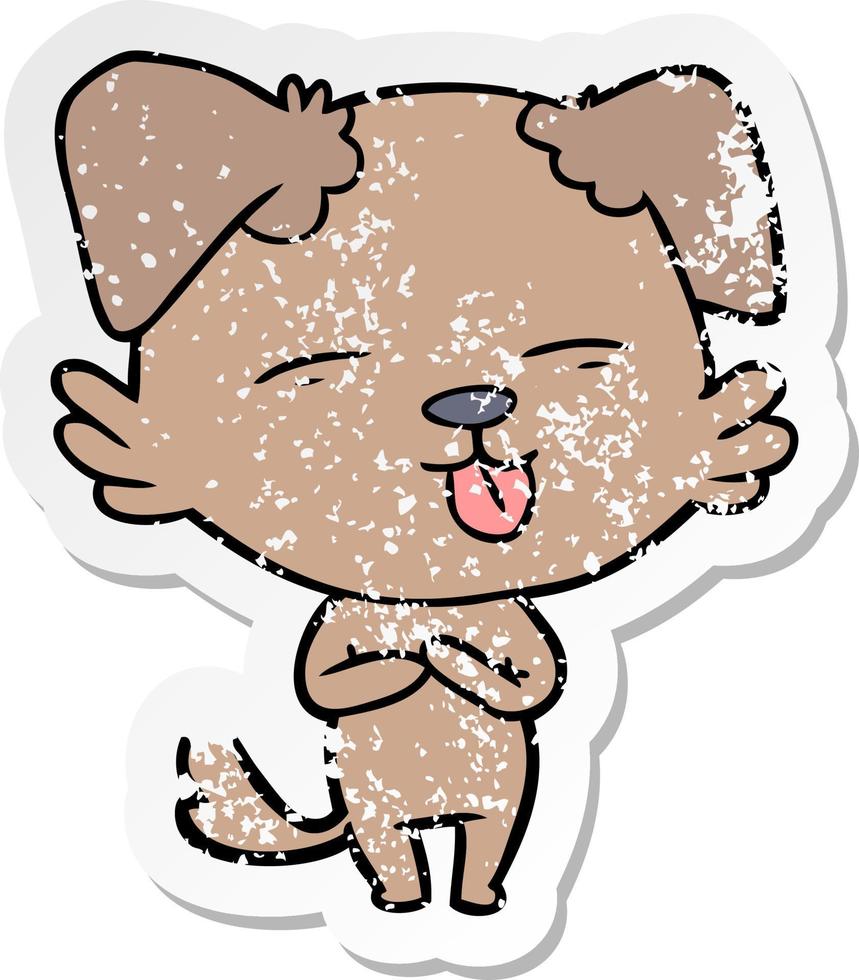 distressed sticker of a cartoon dog sticking out tongue vector