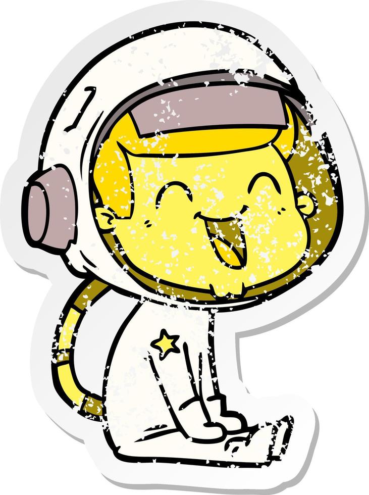 distressed sticker of a happy cartoon astronaut vector