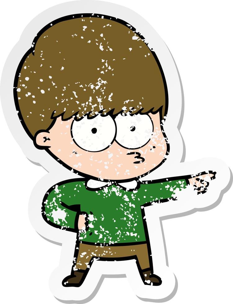 distressed sticker of a nervous cartoon boy pointing vector