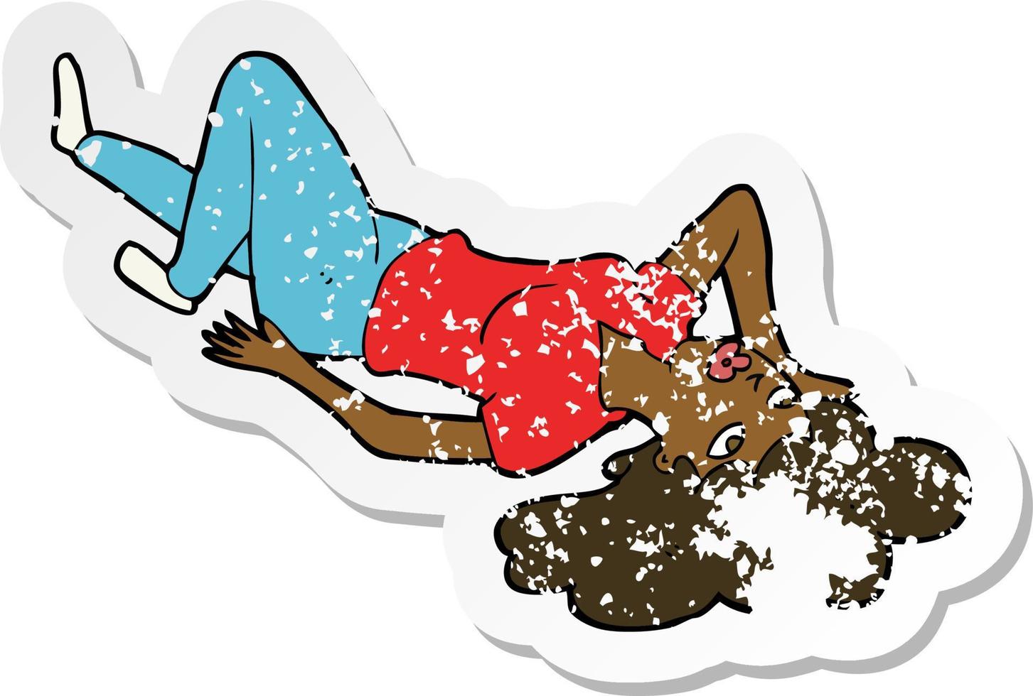 retro distressed sticker of a cartoon woman lying on floor vector