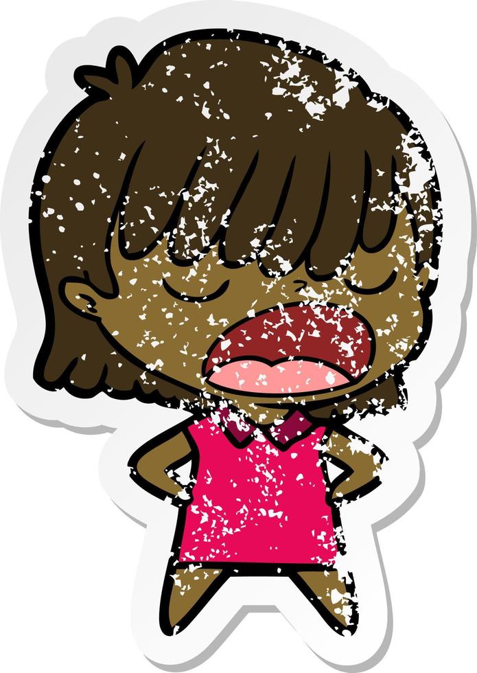 distressed sticker of a cartoon woman talking loudly vector
