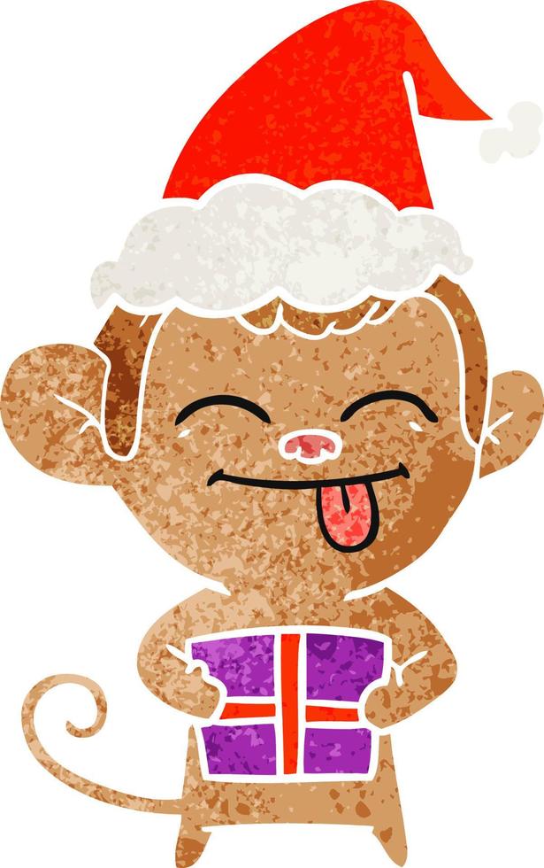 funny retro cartoon of a monkey with christmas present wearing santa hat vector