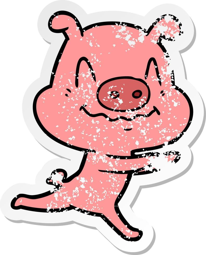 distressed sticker of a nervous cartoon pig running vector