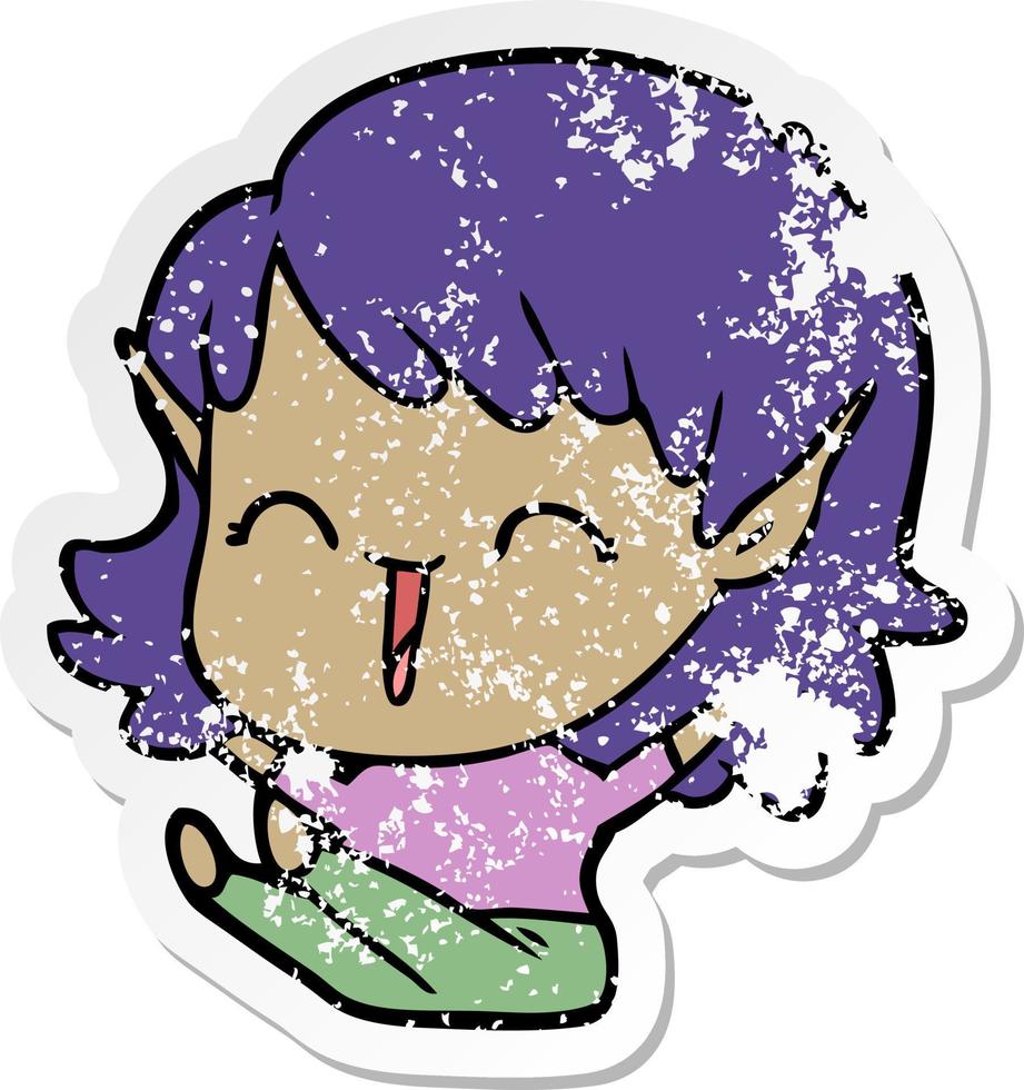 distressed sticker of a cartoon elf girl vector