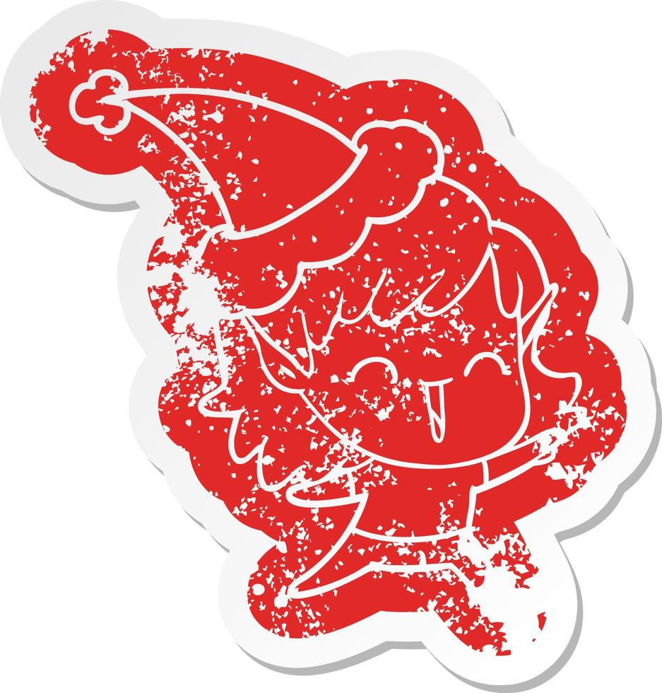 cartoon distressed sticker of a elf girl wearing santa hat vector