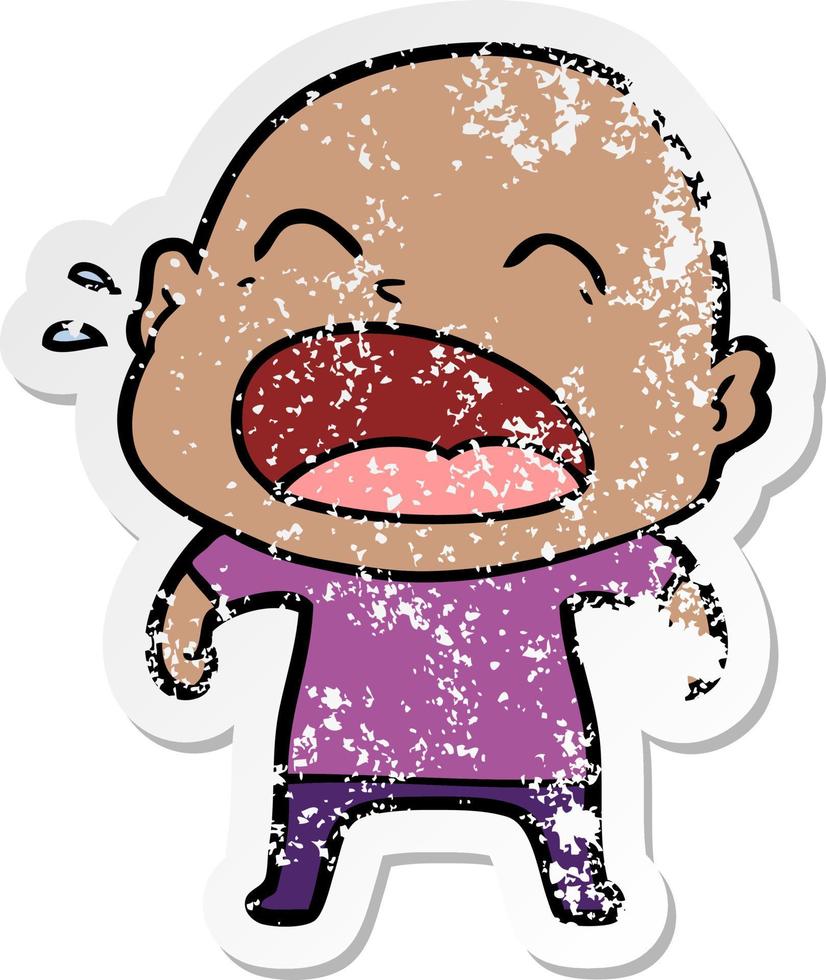 distressed sticker of a cartoon shouting bald man vector