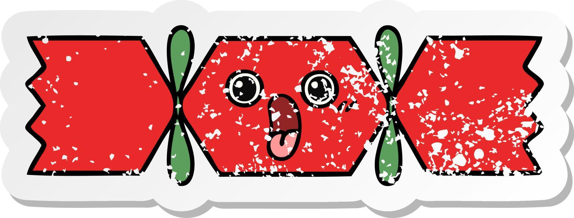 distressed sticker of a cute cartoon christmas cracker vector
